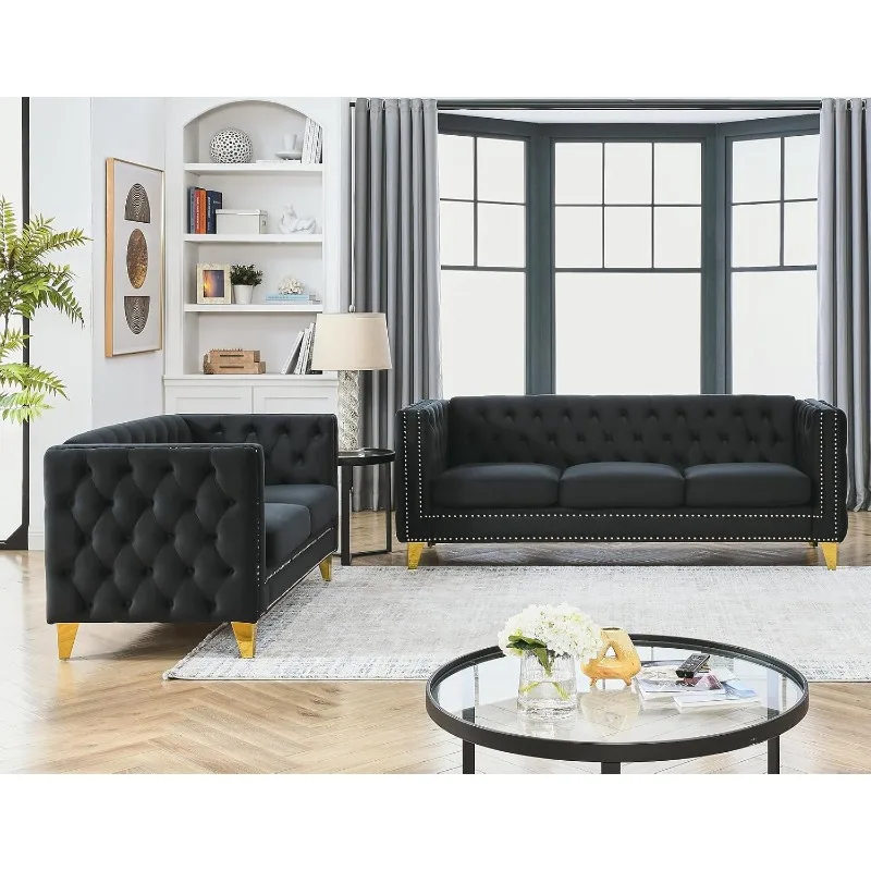 Velvet Living Room Sofa Set of 2, Comfy Loveseat and 3 Seater Couch, Modern Sofa with Tufted Back and Rivet Decoration