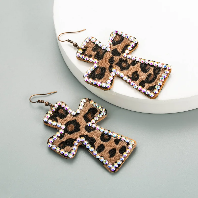 Rhinestone Embellished Leopard Prints Cross Dangle Earrings for Women - Genuine Leather Cross Drop Earrings for Christian Party