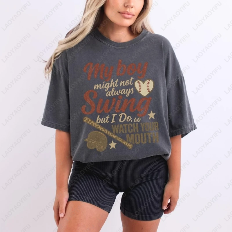 My Boy Might Not Always Swing Funny Baseball Clothing Mom Game Day Retro Coquette Bow Design Mama Tshirt Men Women Cotton Tops
