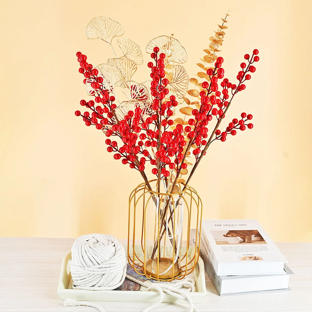 48cm-76cm Artificial Christmas Red Fruits Branch Fake Holly berries Plastic Plants for Home Harvest Festival Christmas Decor