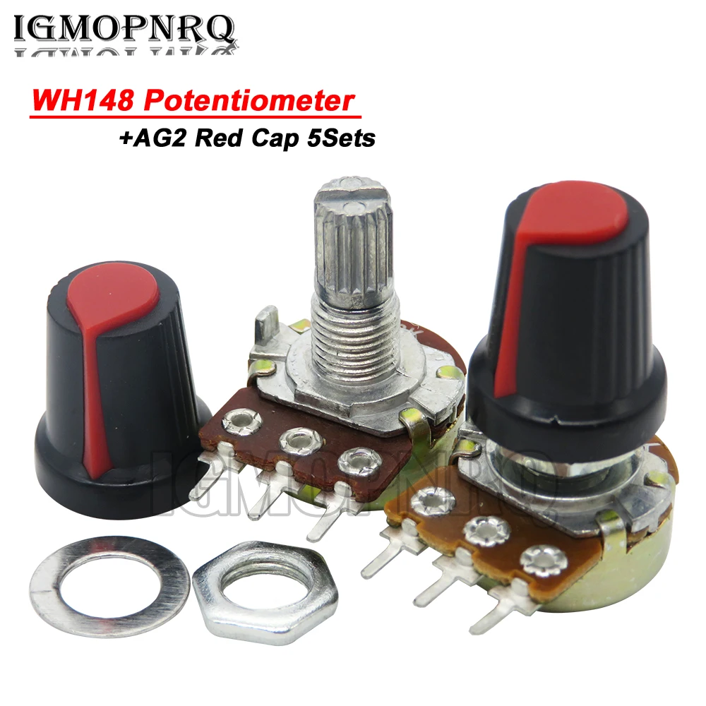 5Sets WH148 15mm 3pin + Red  Rotary Switch Knobs Cap Kit 1K~1M Carbon Film Potentiometer B1K 2K 5K 10K 20K 50K 100K 250K 500K 1M
