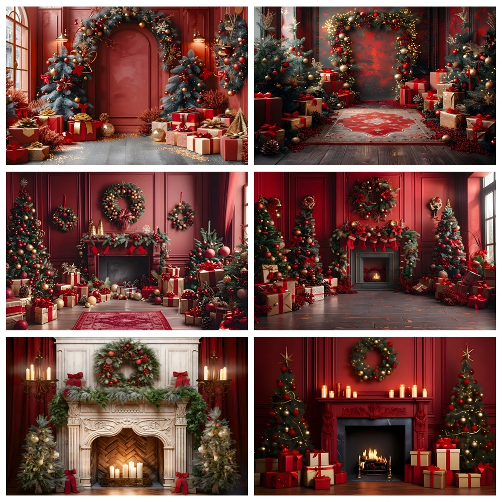 

Red European Palace Wall Christmas Backdrop Photography Fireplace Xmas Tree Gift Wreath Family Portrait Photo Background Decor