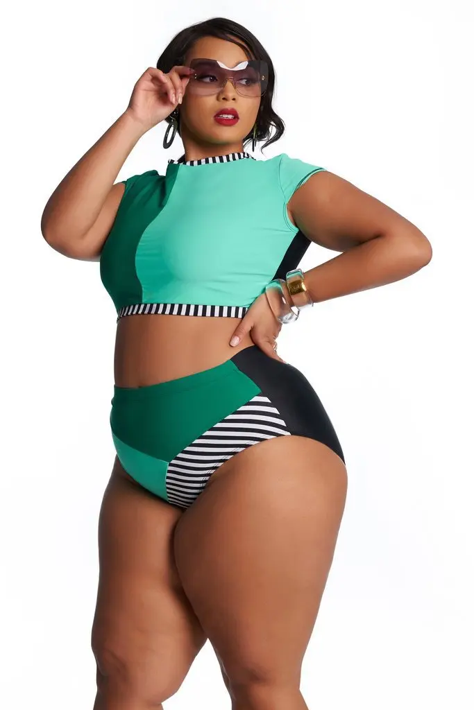 Womens Plus Size Swimsuit Multi-color stitched high-waisted bikini