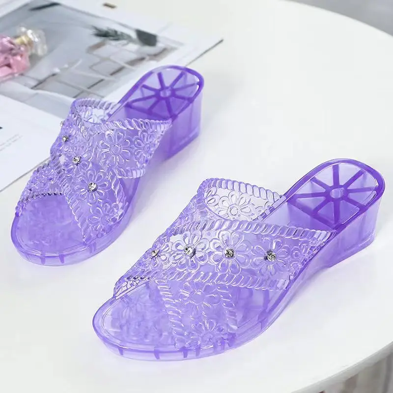 

2024 New Women's Summer One Word Wedges Crystal Slippers Soft Sole Home Slippers Outdoor Slippers Bathroom Slippers