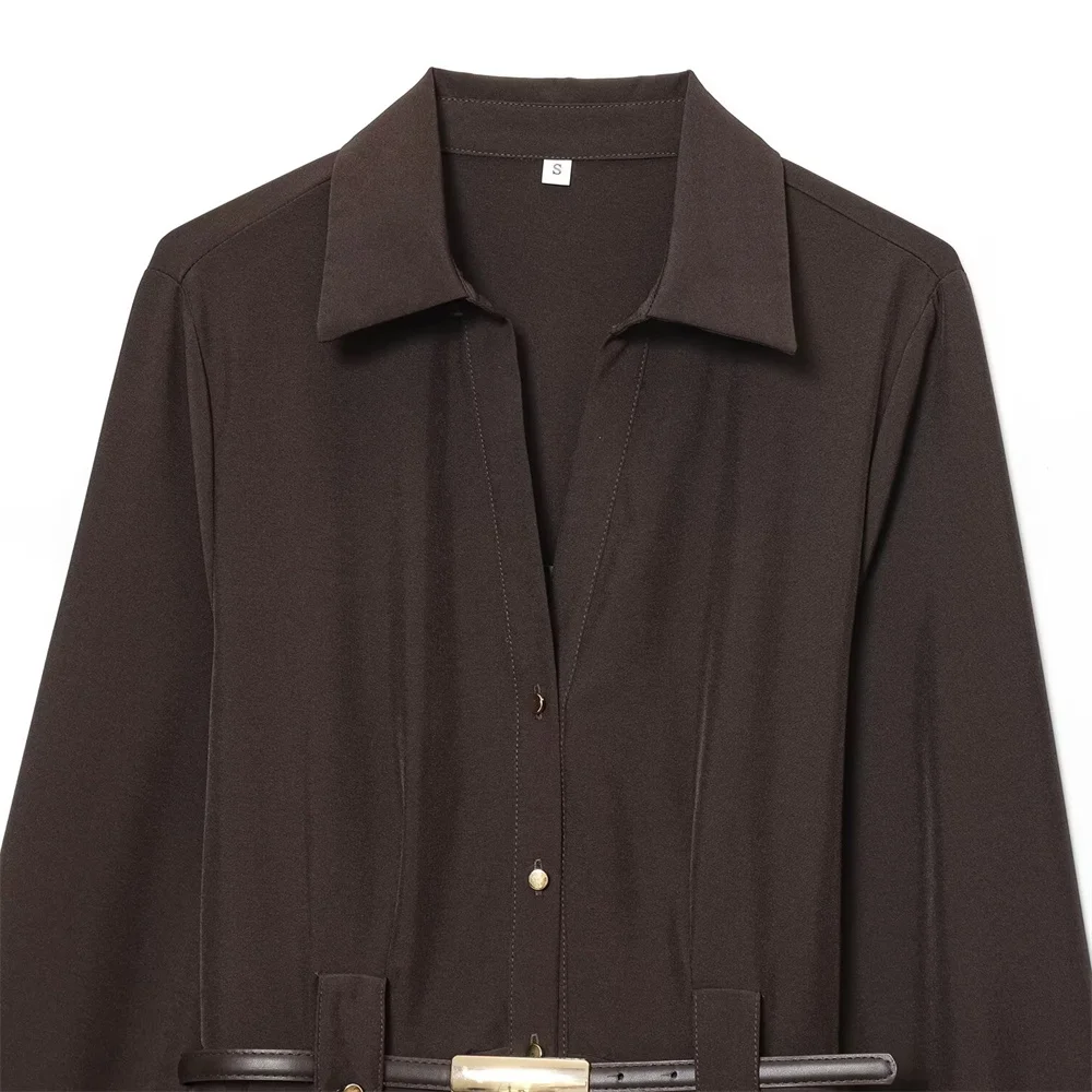 مزاج الملابس النسائية الجديدة للخريف والشتاء، ياقة بأكمام طويلة وأزرار حتى تنورة طويلة مع حزام، فستان ميدي على طراز القميص