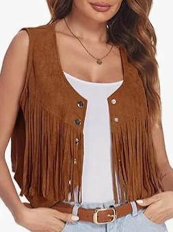 

Casual Comfortable Women's ort Tassel Vest Spring New Sle Cross-Border Vintage Button oulder Pad Polyester Fiber