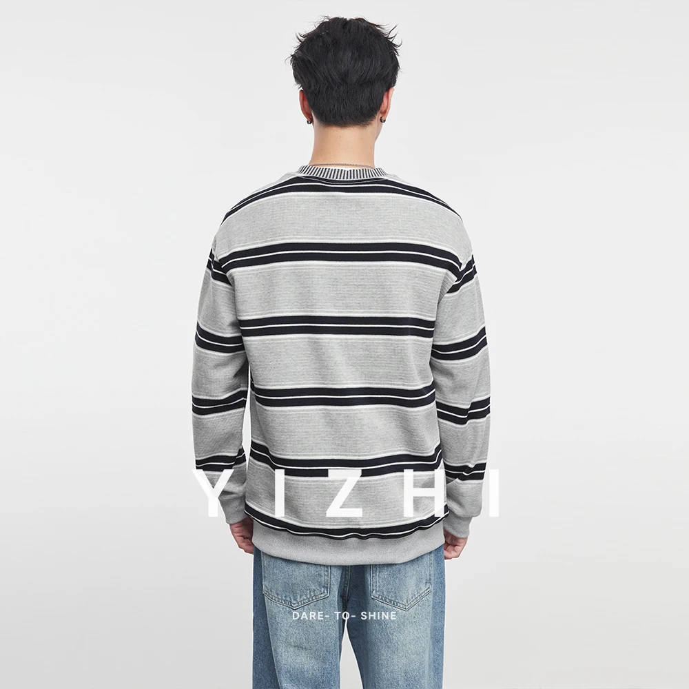 موضة الرجال الثقيلة الجولة الرقبة مخطط كم طويل البلوز 2025 الخريف والشتاء عادية فضفاض كم طويل بلوزة رجالية #2