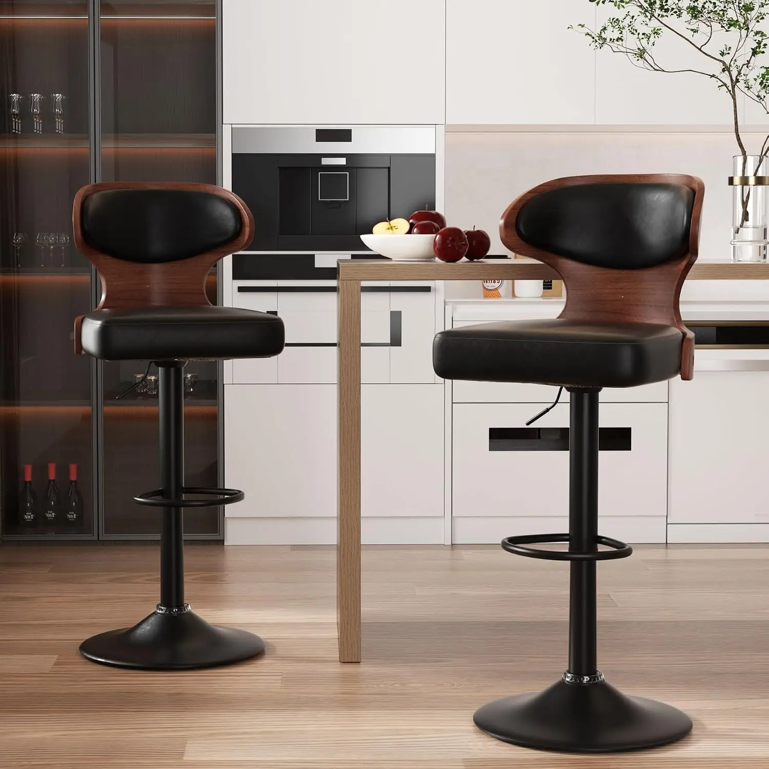 Bentwood Adjustable Height PU Leather Swivel Bar Stools with Back & Footrest, 24.5-33.5IN Set of 2, Custom