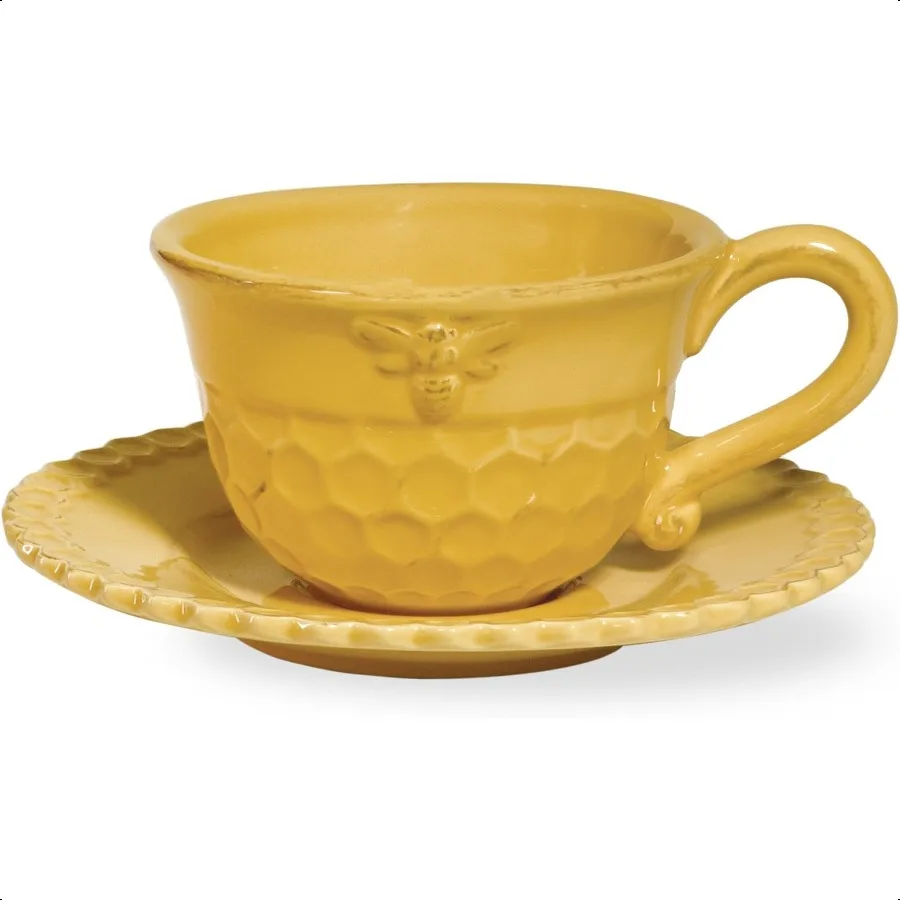 

Embossed Stoneware Teacup and Saucer Set 8Ounces Honeycomb