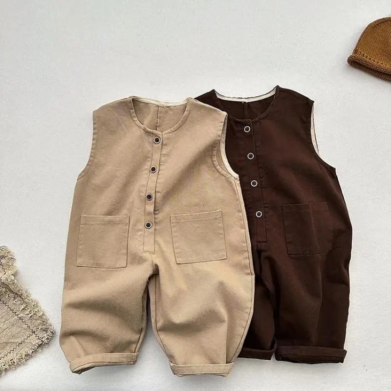 

2025 Autumn New Children Loose Overalls Fashion Boys Vest Jumpsuit Solid Girls Casual Pants Baby Strap Trousers Kids Clothes