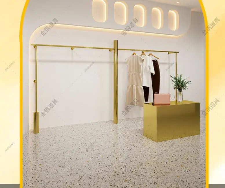 Clothing store display shelf wall hanging floor stainless steel titanium gold hanging clothes shelf women's store display shelve