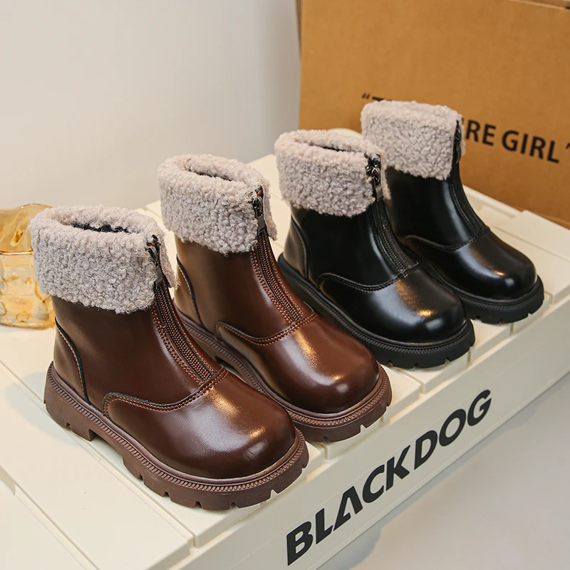 

Зимние детские ботильоны, теплые простые повседневные хлопковые ботинки для маленьких девочек, трендовые детские модные кожаные ботинки на толстой подошве на молнии