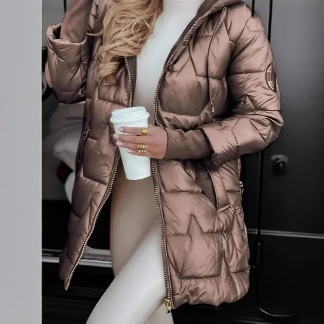 Women Autumn Winter Cotton Clothes Solid Color Hooded Long Sleeve Zippers Pockets Button Casual Fashion Warm Comfortable Regular