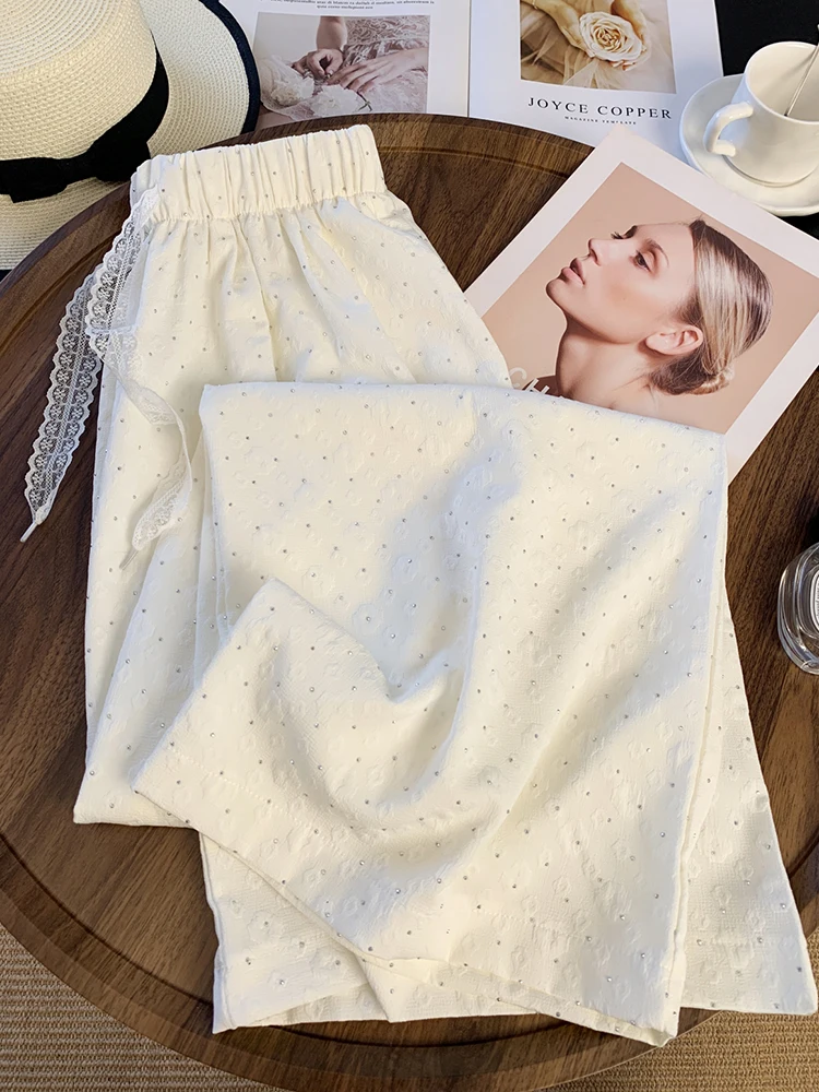Zoki-pantalones de pierna ancha con diamantes para mujer, pantalón elegante, holgado, de cintura alta, a la moda, informal, con cordones coreanos, dulces, para verano
