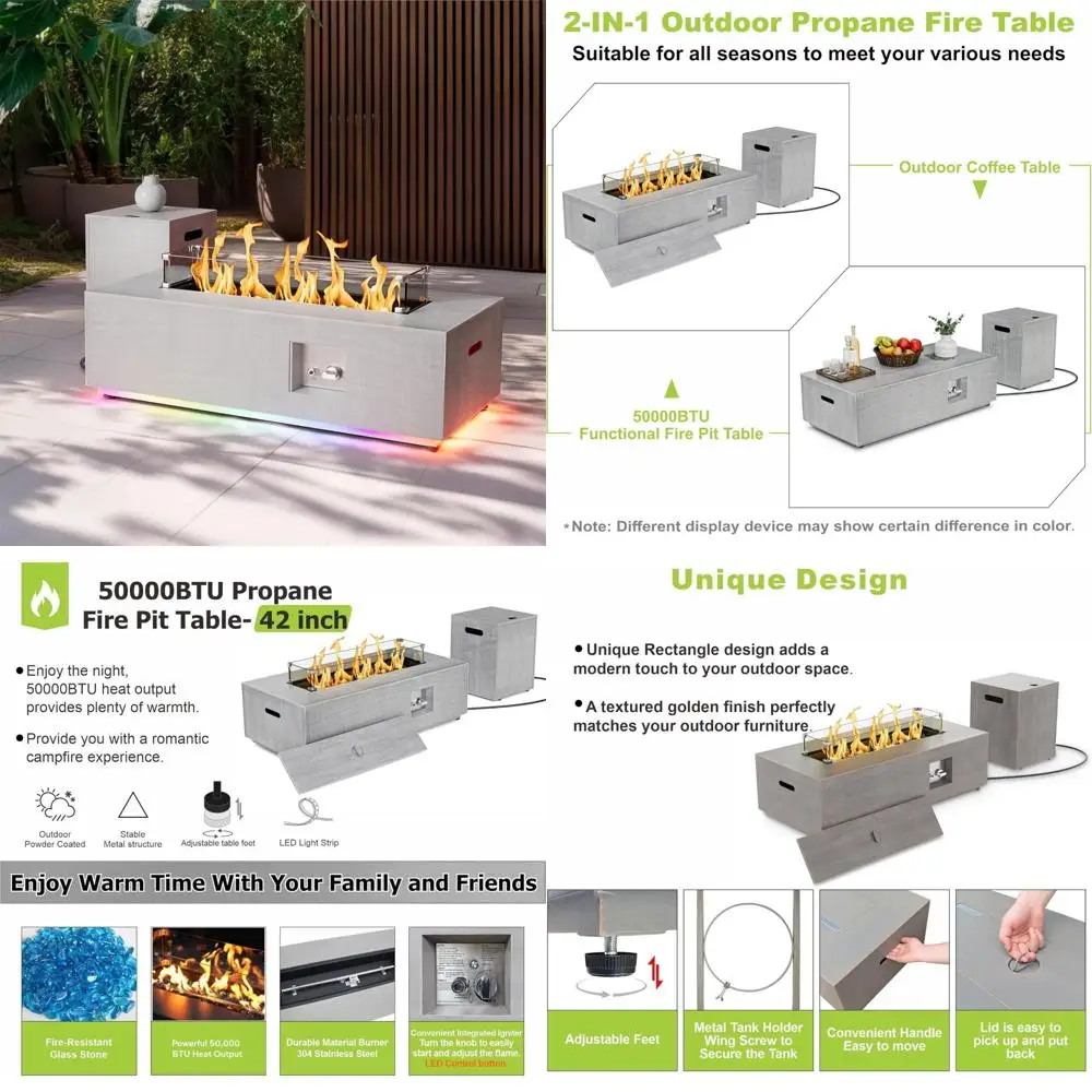 

42 Стол для костра с пропаном и светодиодной подсветкой RGB. Стол для костра на пропане для патио, 50 000 БТЕ. В комплект входит ветрозащита, крышка, камни и крышка.