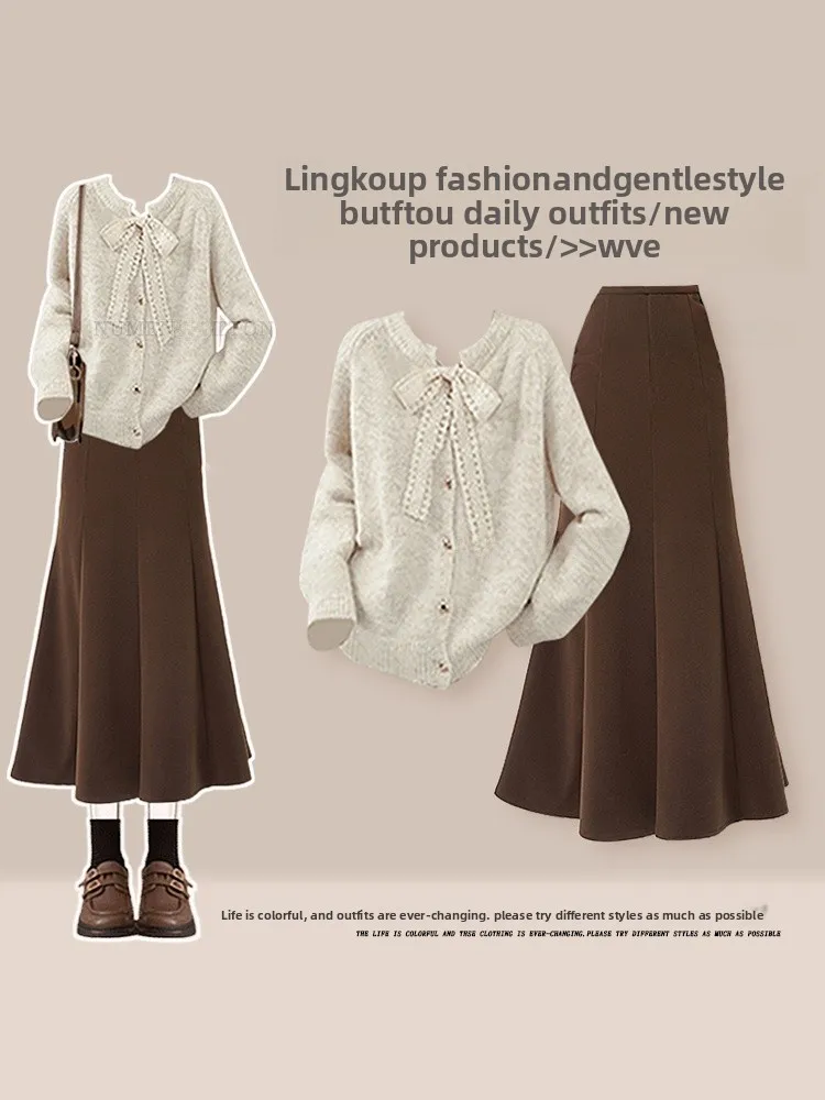 

Faionable Knitted Sweater And Fi Tail Skirt Set for Women Luxury Autumn Winter Outfit High Waist round Ne Button C...