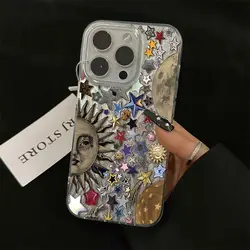 Retro Style Face Sun Stars Cartoon Phone Case for Samsung Galaxy S25 S24 S23 S22 S21 FE Ultra Plus 5G Feather Texture Back Cover