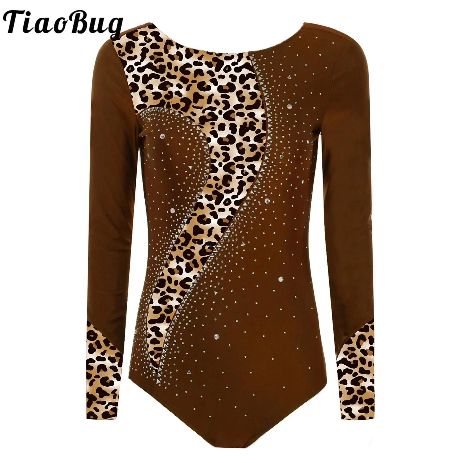 Women Gymnastics Ballet Dance Leotards Bodysuit Rhinestones Long Sleeve Print Jumpsuit Dancewear for Performance Competition