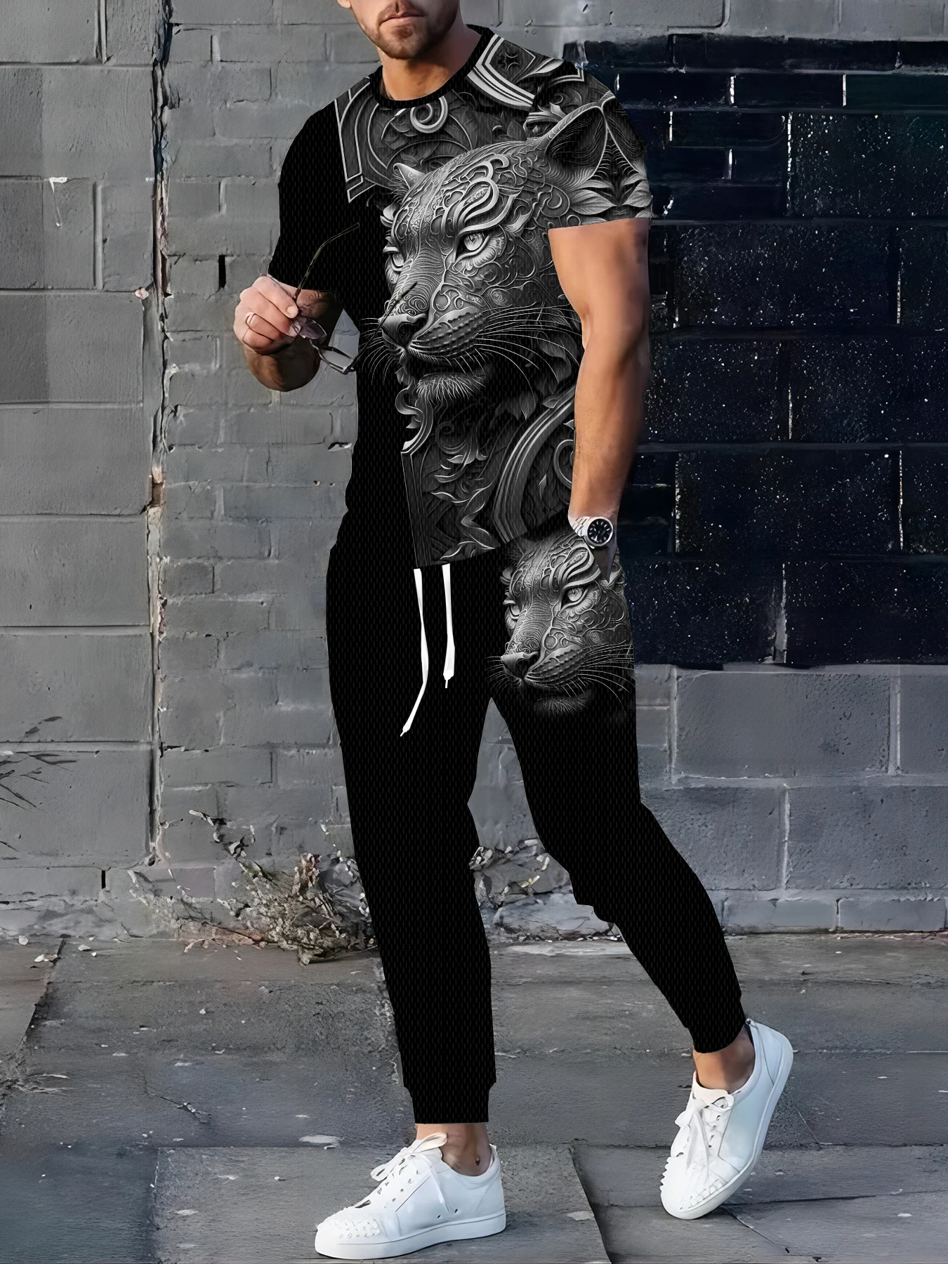 

The new men's suit for summer with Wolf print is casual comfortable soft and fashionable