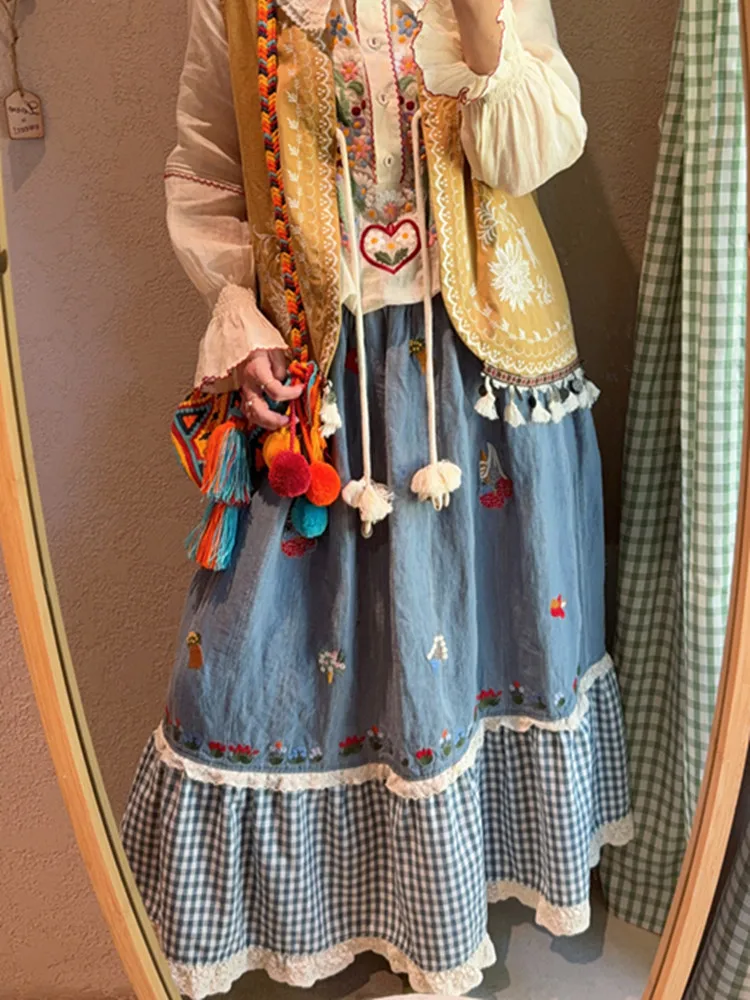 TIYIHAILEY Long Mid-calf Skirts For Women Summer Linen Patchwork Spring Elastic Waist A-line Embroidery 2025 New Blue Skirts