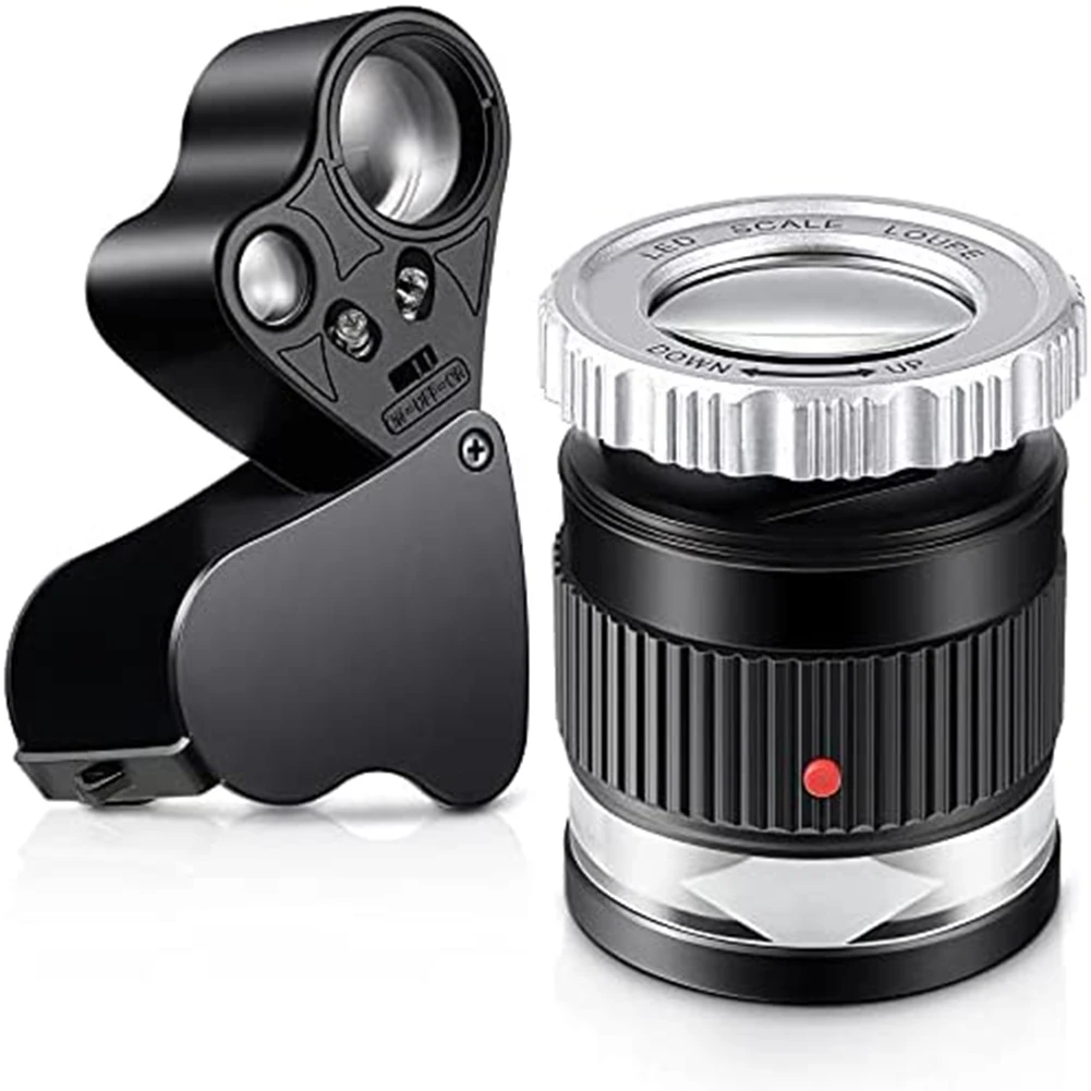 THIVN-2Pcs Loupe Magnifier,30X 60X Illuminated Loupe Magnifier With LED Light Magnifying Glass Eye And 30X Loupe Magnifier