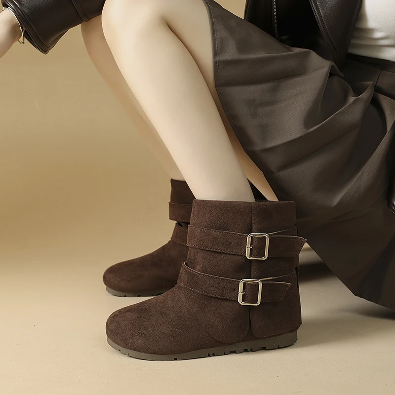 CRLAYDK ريترو المرأة قصيرة حذاء من الجلد الانزلاق على الشتاء مشبك حذاء مسطح عادية مريحة السيدات المشي جولة تو الجوارب