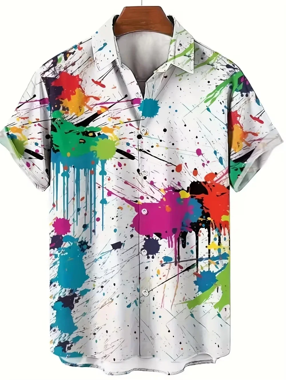 Men's Shirt Summer Casual Vibrant 3D Print Graffiti Art Short Sleeves Lapel Button-Up Top Stylish Streetwear Colorful Shirt Man