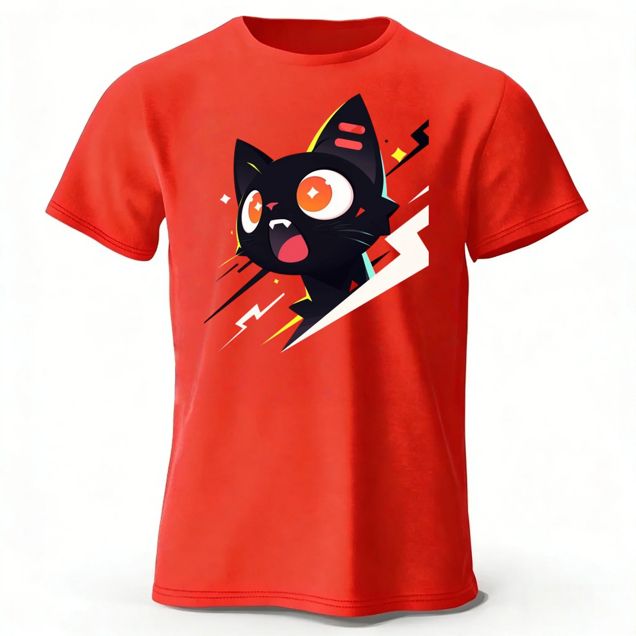 Cooler Schwarzer-Katzen-Trend: Reine Baumwolle Kurzarm-Sommer-T-Shirt für Herren, Modische Alltags-Streetwear in Übergröße, Bequem und Weich