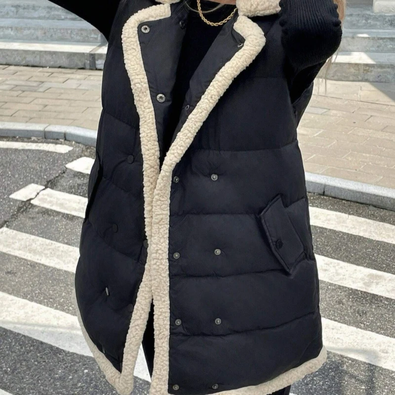 الخريف الشتاء منتصف طويلة أسفل القطن صدرية المرأة 2025 موضة جديدة فضفاضة سترة غير رسمية مزدوجة الصدر ملابس خارجية الإناث