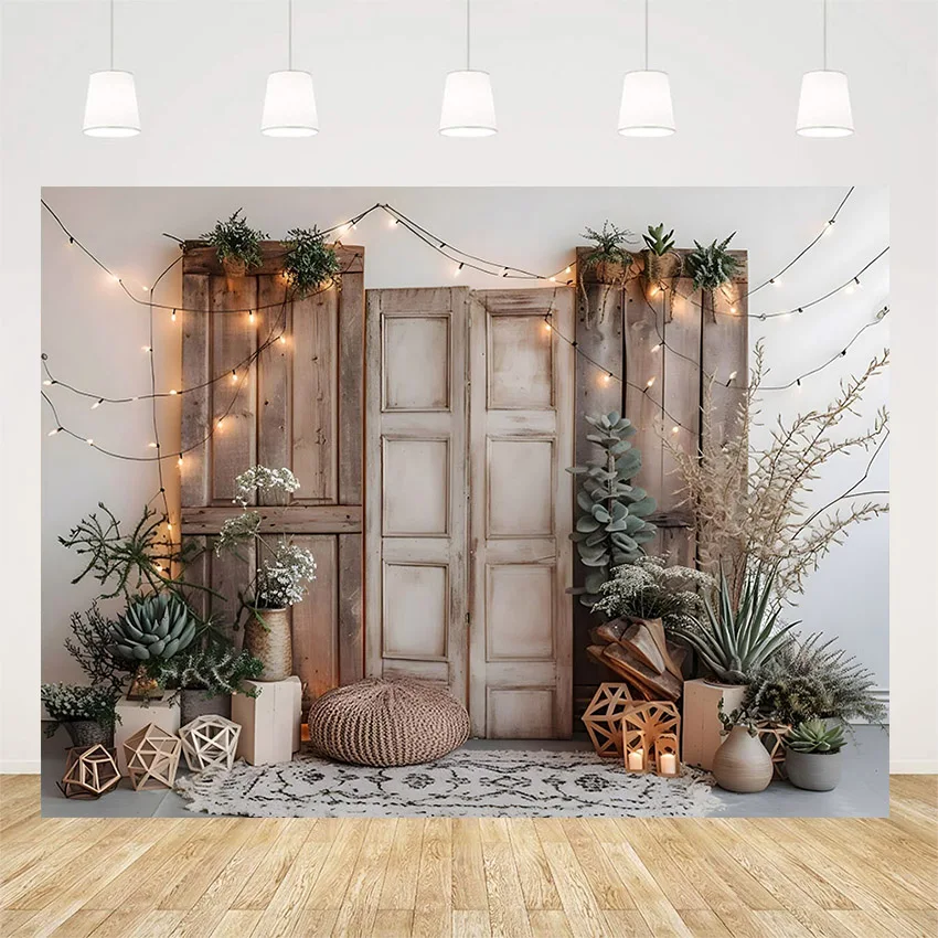 Barn ประตูการถ่ายภาพ Prop ฉากหลังพืชสีเขียวเด็กทารกวันเกิดภาพพื้นหลัง