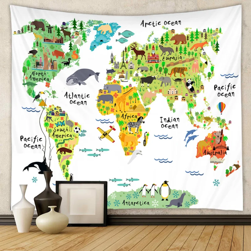 VIKAMA Retro Baroque World Map Tapestry Polyester Fiber Renaissance Art Wall Hanging Living Room Bedroom Home Decoration