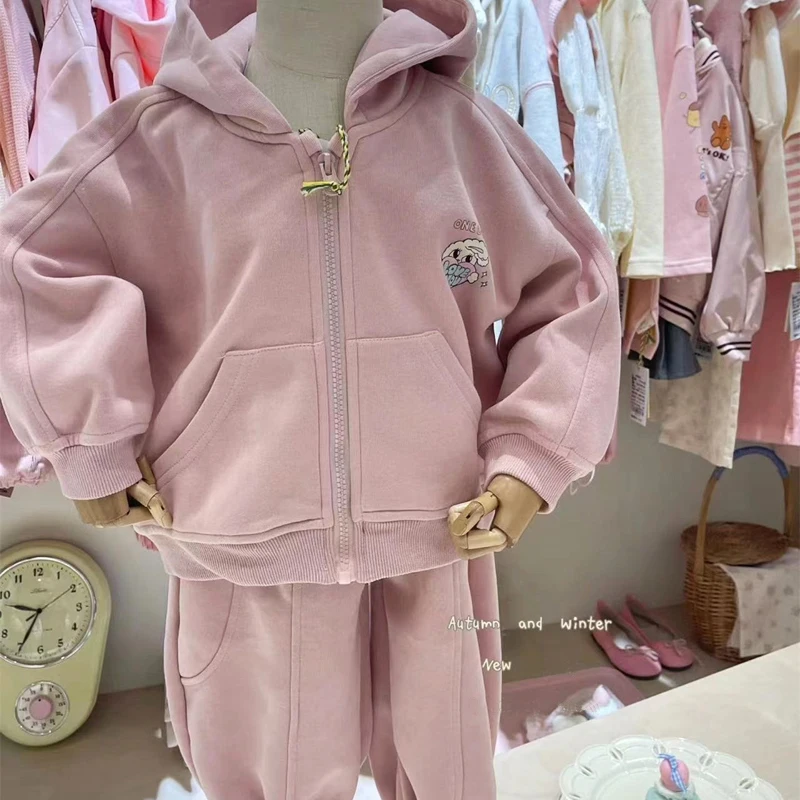 

Children's Suit Tracksuit Set for Girls Baby Clothes Fall Sweatshirt Cartoon Print Zipper Hoodie Pants Sportwear Pink Color