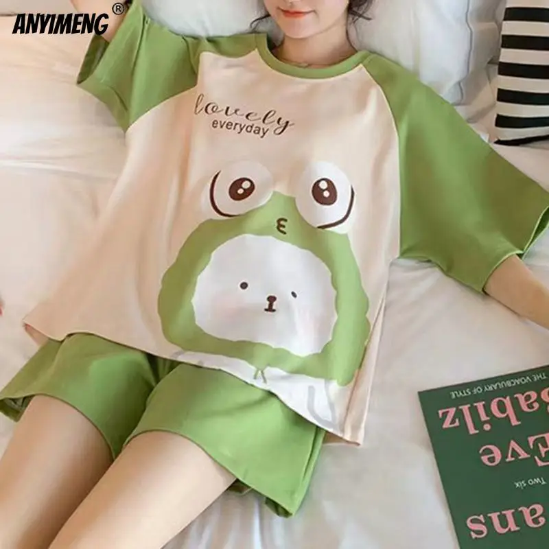 Women Pajamas Summer Milk Silk Cartoon Sleepwear Leisure Homesuit Cute Shorts for Girl M-5XL Plus Size Nightie Casual Loungewear