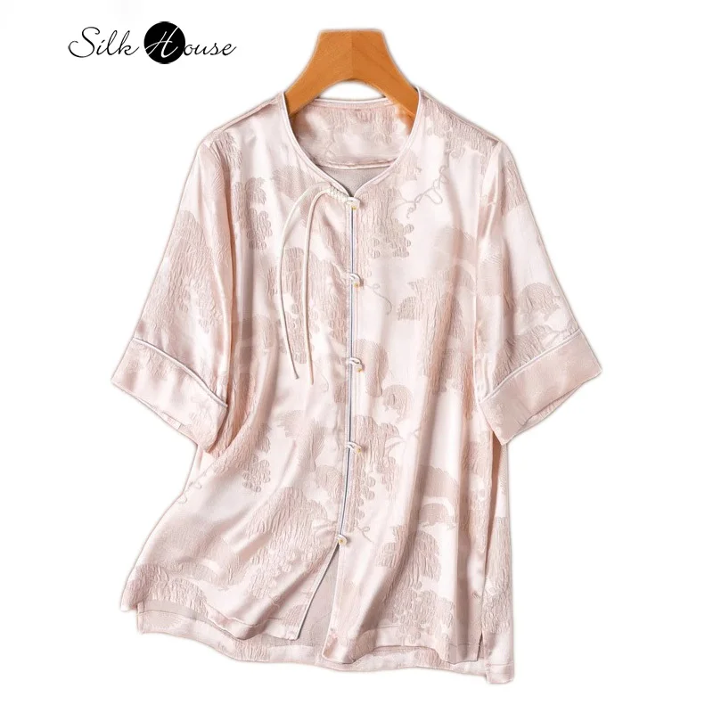 

2024 Women's Fashion Summer New Relief 93% Natural Mulberry Silk GuanLe Satin Chinese Style Short Sleeved Pink Shirt