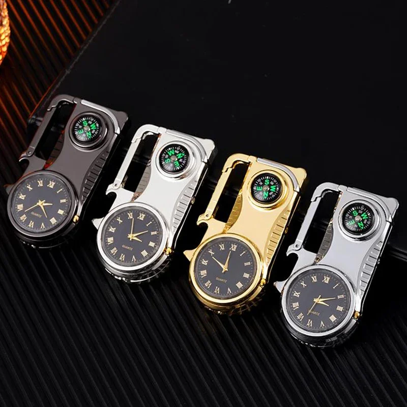 Outdoor Compass Keychain Inflatable Windproof Lighter Multi-function Watch Bottle Opener Red Flame Butane Lighters Survival Tool