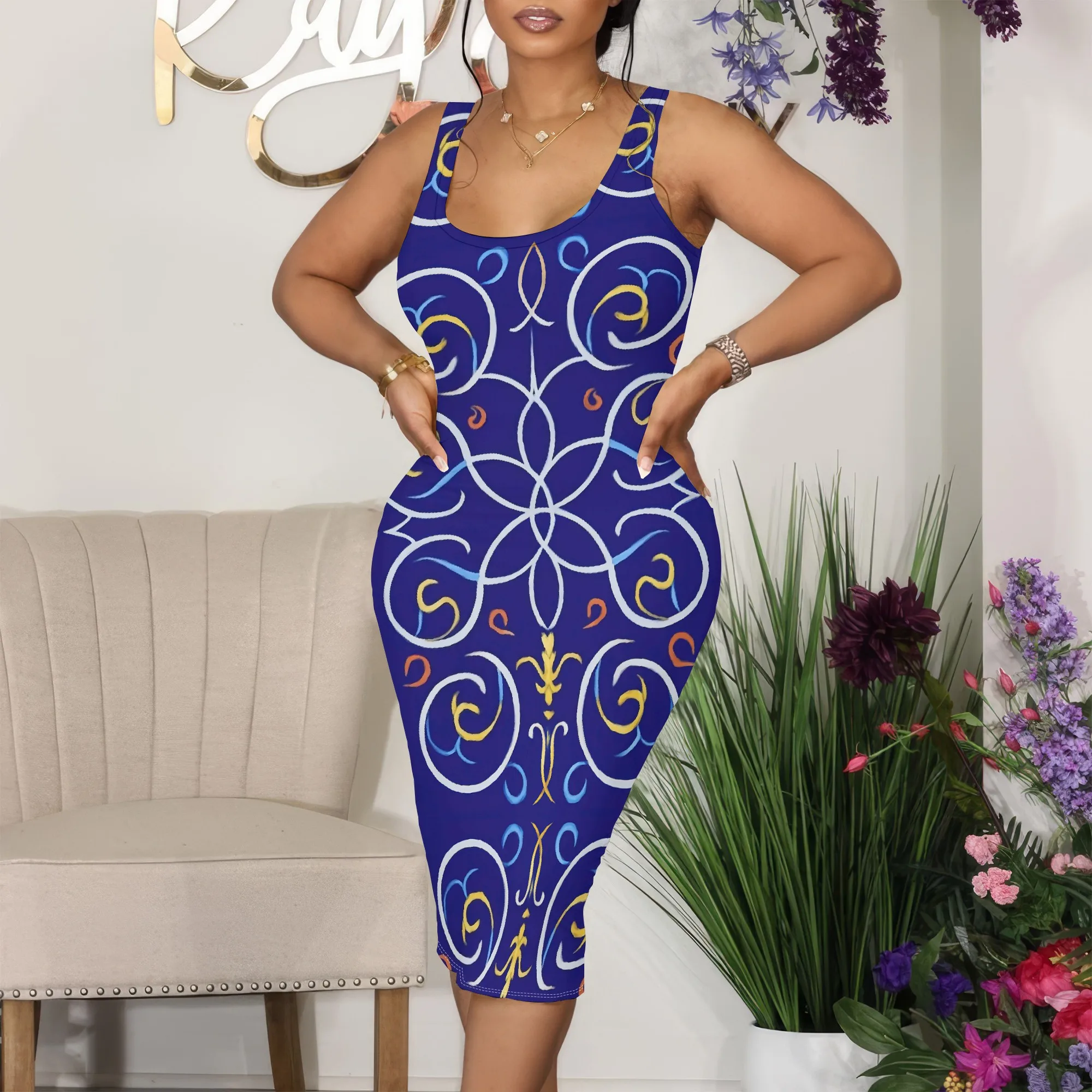 

Royal Blue Scroll Print Midi Dress S-3XL Sleeveless Bodycon Style for Cultural Festival, Art Event or Elegant Summer Party Look