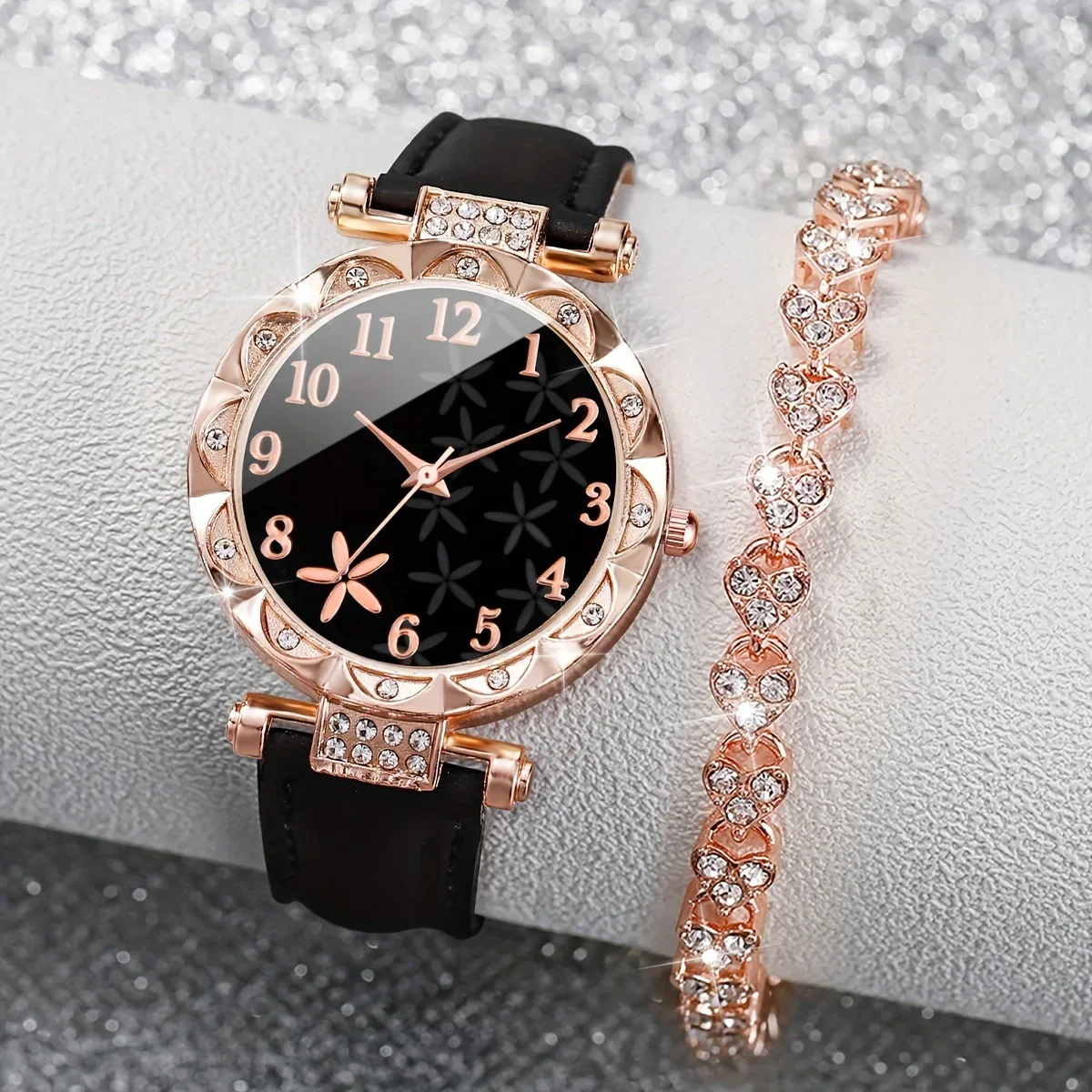 2pcs/set Women's Flower Rhinestone Fashion Quartz Watch Analog PU Leather Wrist Watch & Bracelet, Gift For Mom Her image 3