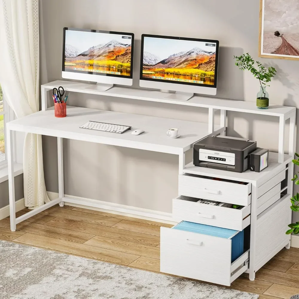 63 Inch Computer Desk with File Drawer Cabinet,Ergonomic Office Desk with Monitor Stand, Computer Table with Printer Space,Wood