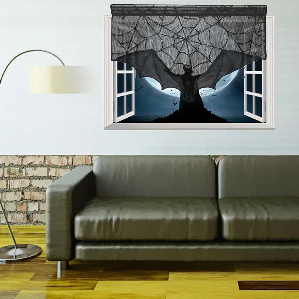 Cortinas de ambiente escalofriante, conjunto de decoración de encaje de Halloween, cenefa de ventana de red de araña de murciélago, manto de Casa Encantada para chimenea