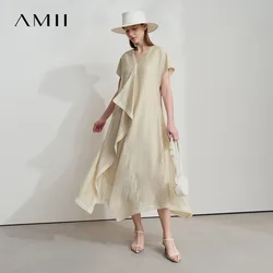 Amii Minimalist Women's Short Sleeved Dress 2025 Autumn New Solid Irregular Loose Elegant H Shaped Commute Long Dress 12541134