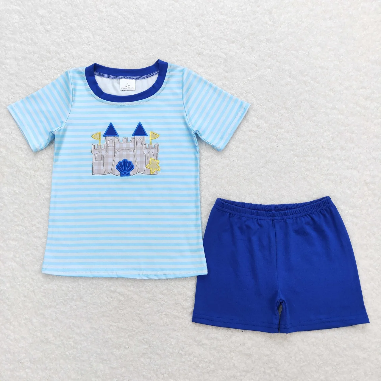 Wholesale Children Embroidery Summer Set Kids Sand Castle Stripes Shirt Tops Cotton Shorts Baby Boy Girl Two Pieces Outfit