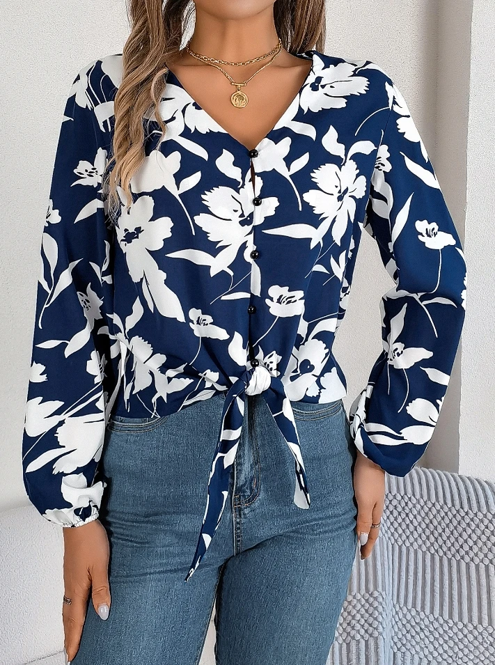 Vintage Women\'s Blouse Casual Trendy Contrasting Floral Print V-Neck Button Down Lantern Long Sleeves Lace Up Hem Chiffon Shirt