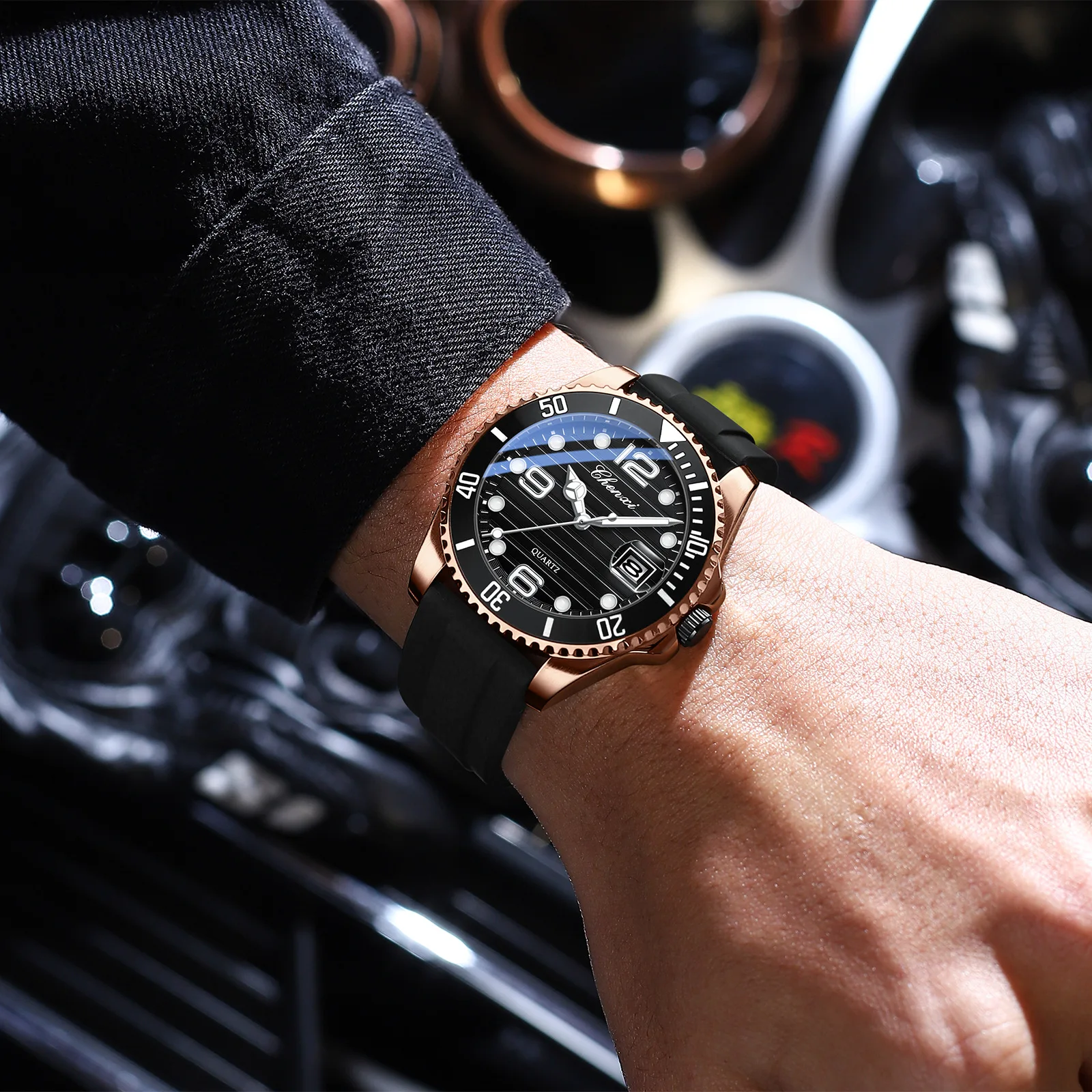 CHENXI 8285 남성용 쿼츠 시계, 아날로그 디스플레이, 실리콘 스트랩 손목 시계, 레저 패션, 블랙 로즈 골드