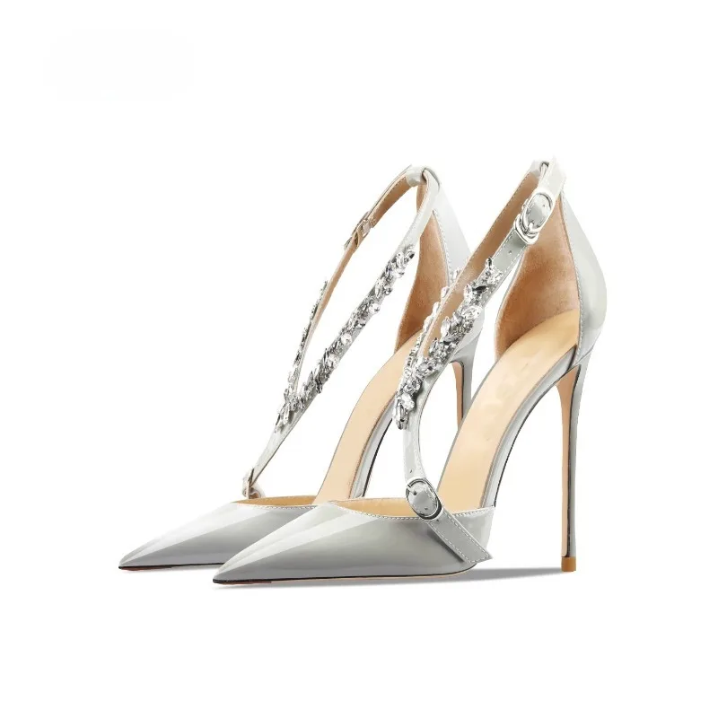 

Water Diamond Grey High Heel Sandals Spring New Women's Fine Heel Shallow Mouth Pointed Comfortable and Versatile Single Shoe