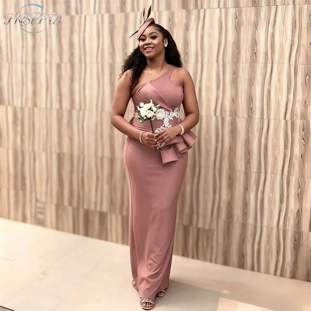 Dusty Rose Long Straight Bridesmaid Dresses One Shoulder Corset Appliques Ruffles Satin Maxi Wedding Guesy Gowns Custom Made