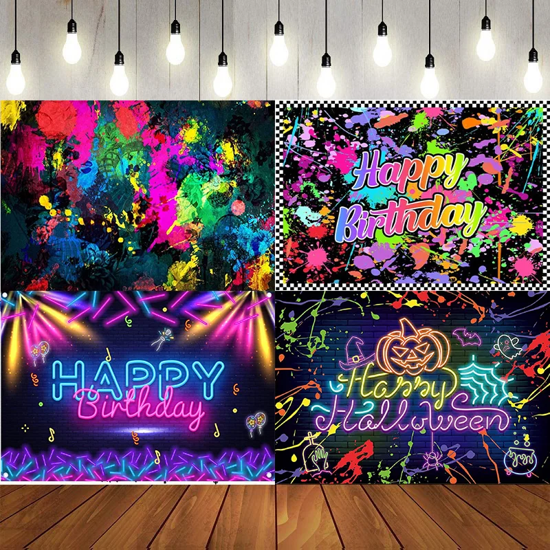 Glow Neon Party Backdrop Splatter Photography Happy Birthday Party Background Decoration Banner Baby Shower Birthday Cartoon