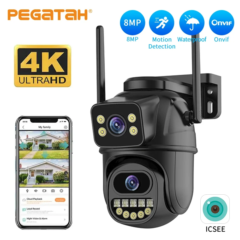 PEGATAH 4K 8MP WiFi Dual Lens Surveillance Camera 4X Digital Zoom AI Human Detect Outdoor Security Waterproof PTZ IP Cameras