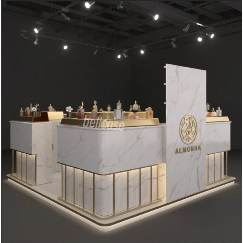 （customized）Arab Style Display Counter Perfume Shop Design Furniture Perfume Display Showcase Golden Shopping Mall Perfume K