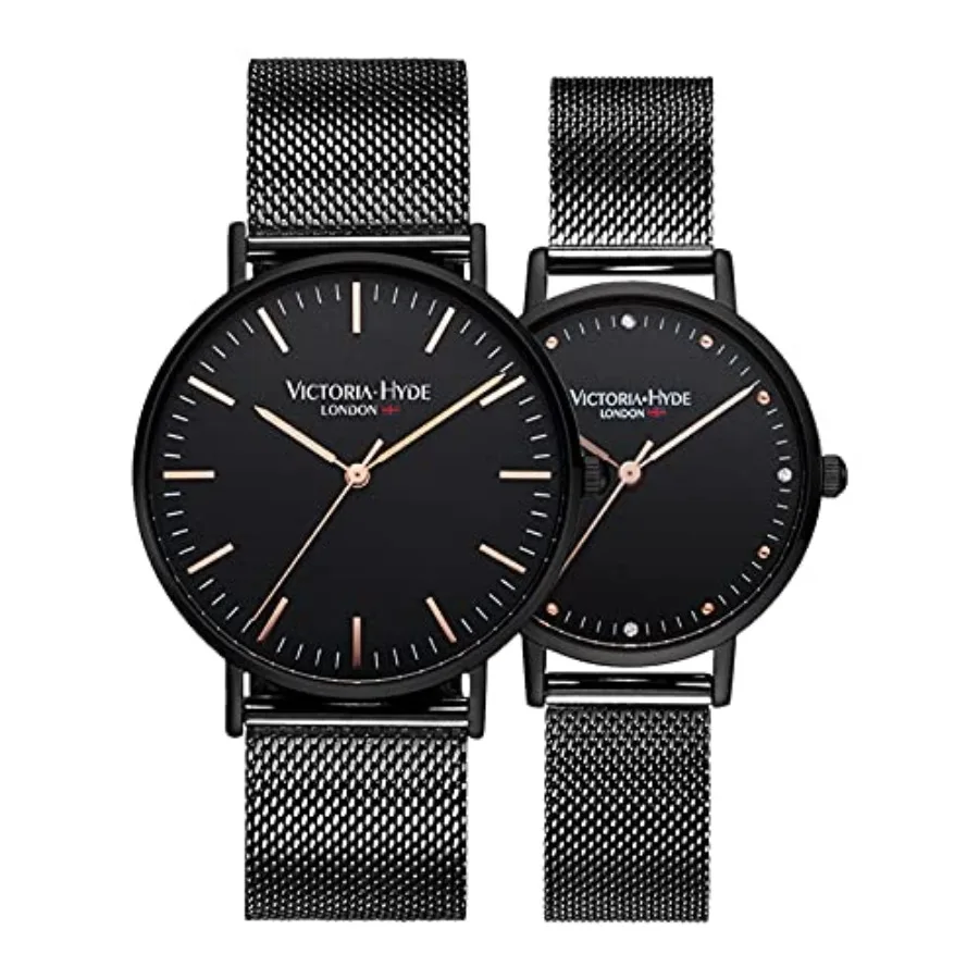 

VICTORIA HYDE Couple Watches for Men Women Genuine Leather Strap Stainless Steel Mesh Band His and Hers Waterproof Quartz Wrist