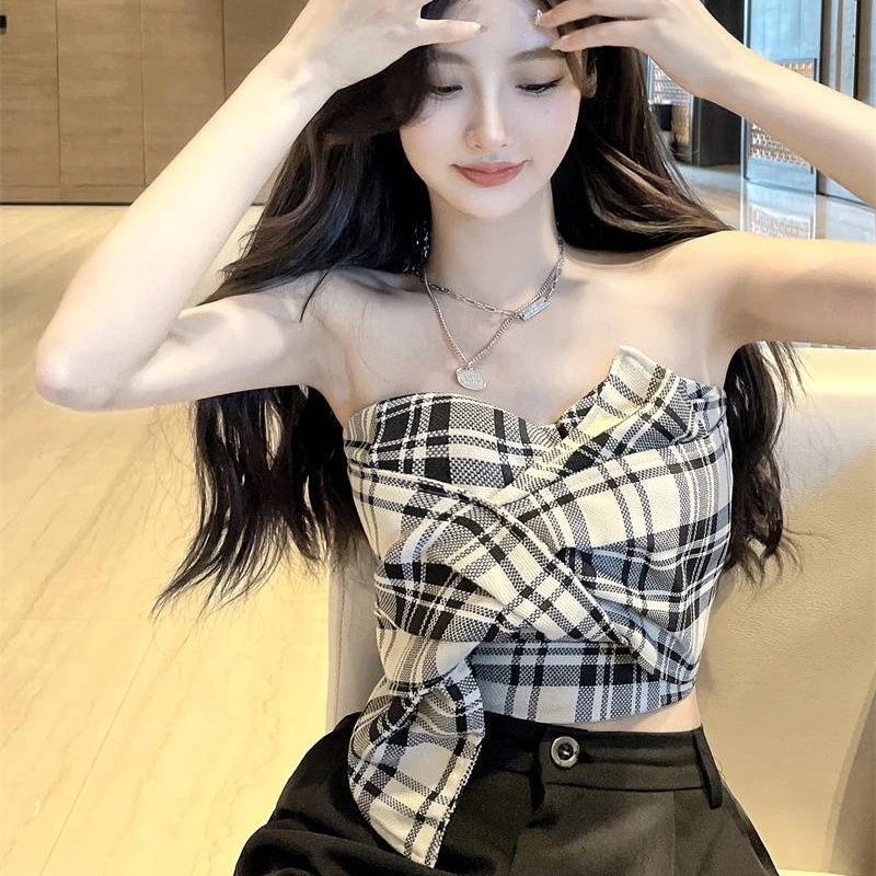Camis Women Strapless Plaid Backless Sweet Spicy Girl Tight Fit Outer Streetwear Aymmetrical Vintage Chic Summer Crop Tops Y2k